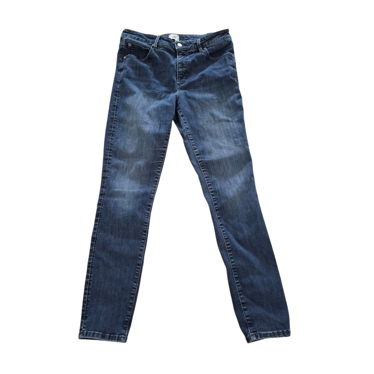 A pair of dark blue denim jeans with lighter blue faded wash details, shown flat against a plain white background.