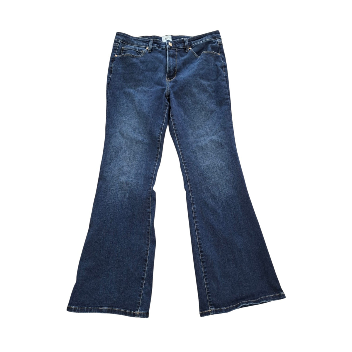 A pair of dark blue denim jeans with a flared bootcut leg, shown flat against a plain white background.