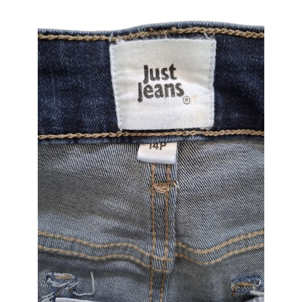 Close-up of the waistband and inner front of a pair of jeans showing the 'Just jeans' brand label and size '14p'.