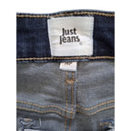 Close-up of the waistband and inner front of a pair of jeans showing the 'Just jeans' brand label and size '14p'.