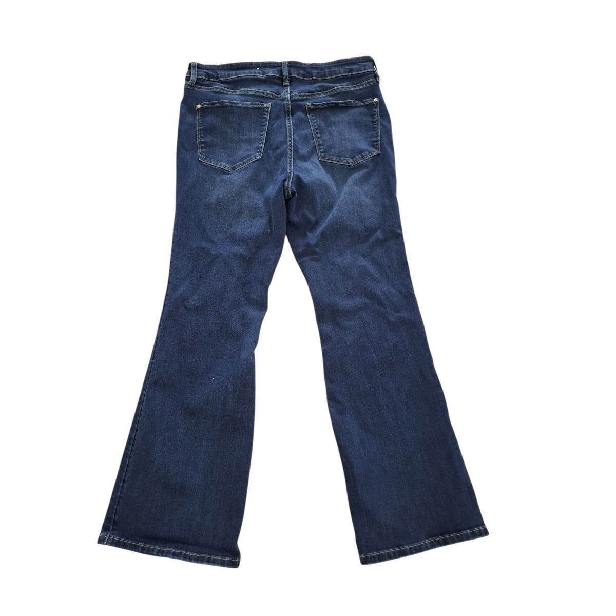 Back view of dark blue denim flare jeans on a solid white background.