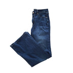 A pair of dark blue denim jeans folded on a plain white background.