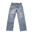Light-wash blue denim jeans with a faded wash, laid flat against a solid white background.