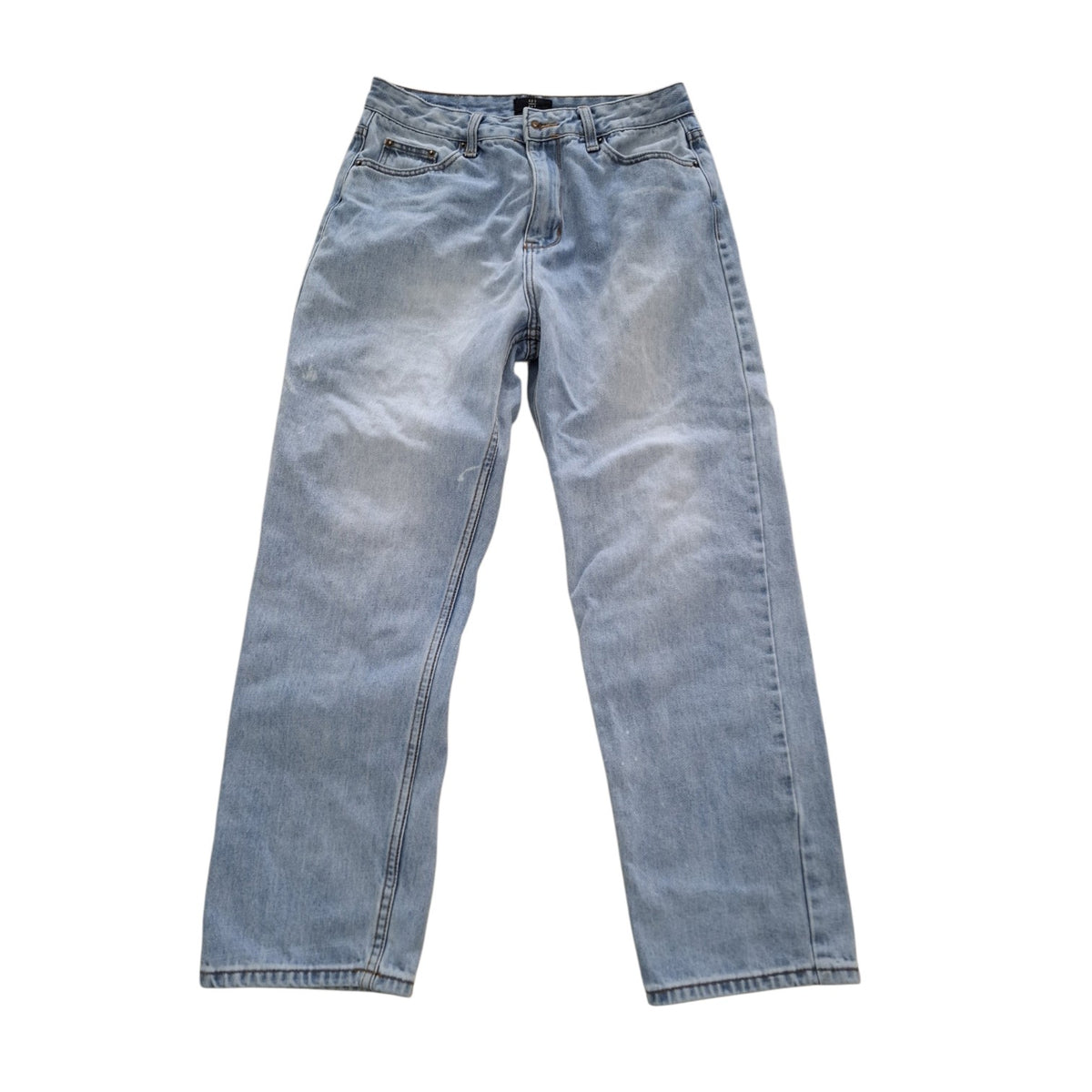 Light-wash blue denim jeans with a faded wash, laid flat against a solid white background.