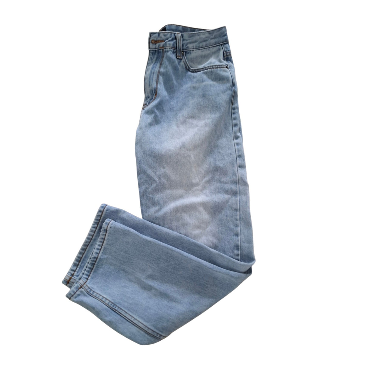 Light wash blue denim jeans folded to show the back and side seams, photographed on a solid white background.