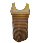A sleeveless knit tank top with horizontal stripes in mustard yellow and brown, shown against a plain white background.