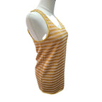 A sleeveless knit tank top with horizontal mustard yellow and white stripes, displayed on a white mannequin torso against a plain white background.