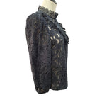 A black lace jacket with a high lace collar and ruffled trim, displayed on a mannequin torso against a white background.