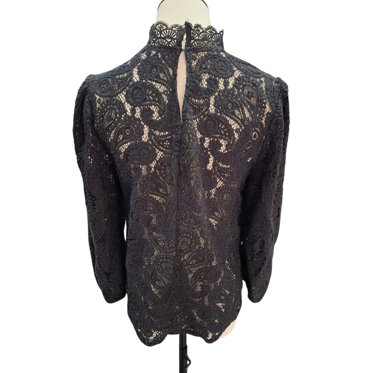 A black lace long-sleeve blouse with a high mock neck, displayed on a mannequin torso against a white background.