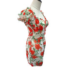 A vintage-style floral mini dress with a red and green rose pattern on a white background, displayed on a mannequin torso against a white background.