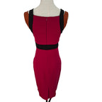 A sleeveless bodycon dress in deep magenta with black trim details, displayed on a cream mannequin torso against a white background.