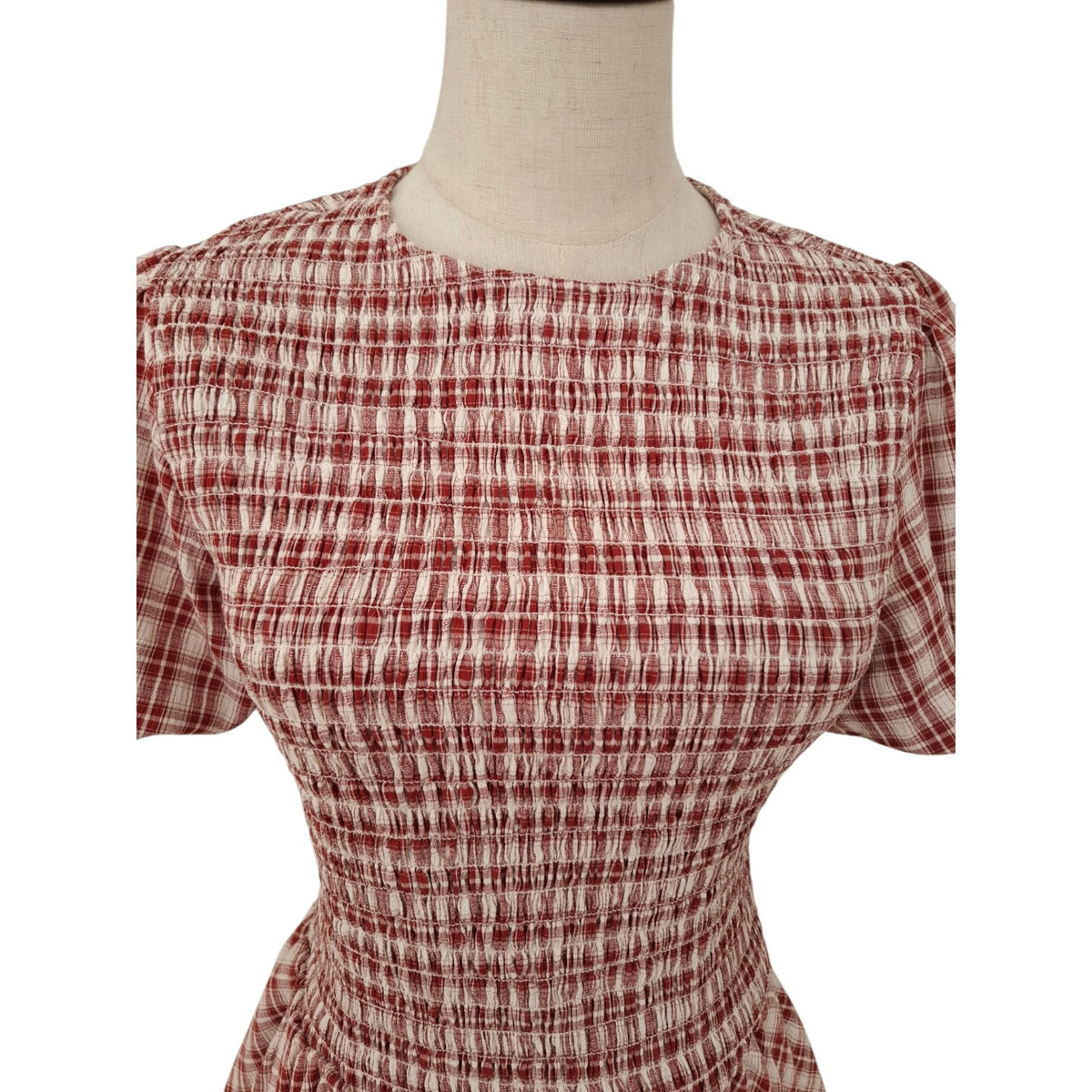 Rita Ora Red and White Check Shirred Bubble Hem Dress