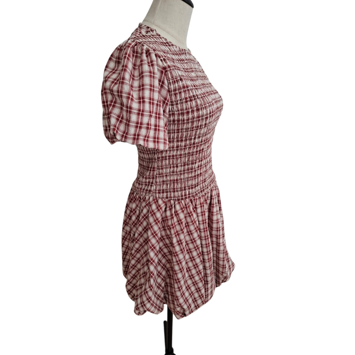 Rita Ora Red and White Check Shirred Bubble Hem Dress