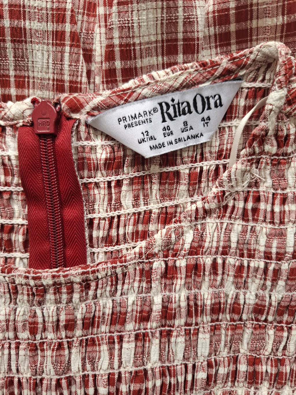 Rita Ora Red and White Check Shirred Bubble Hem Dress