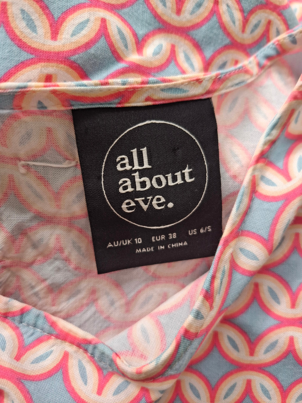 All about Eve geo print shift dress blue pink and white