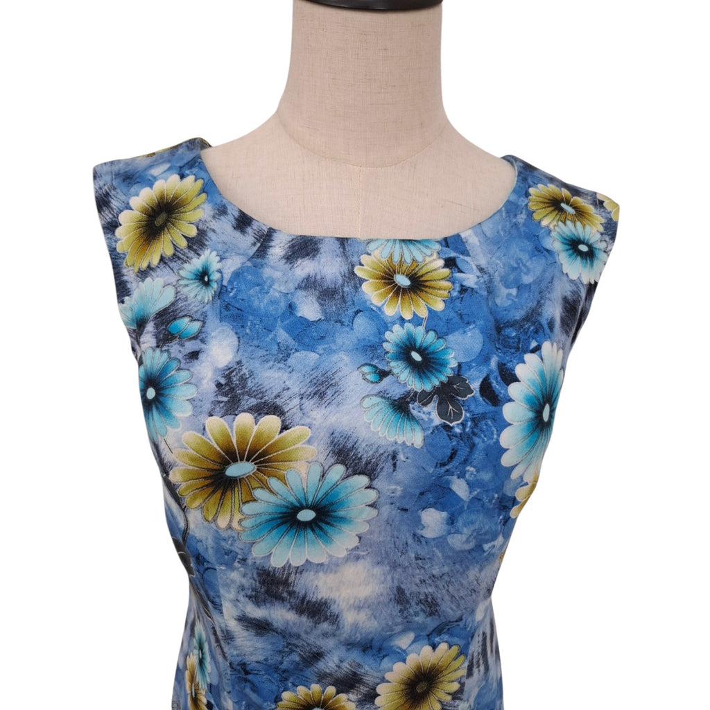Phyllis Ann Sleeveless Blue and Yellow floral print sheath dress