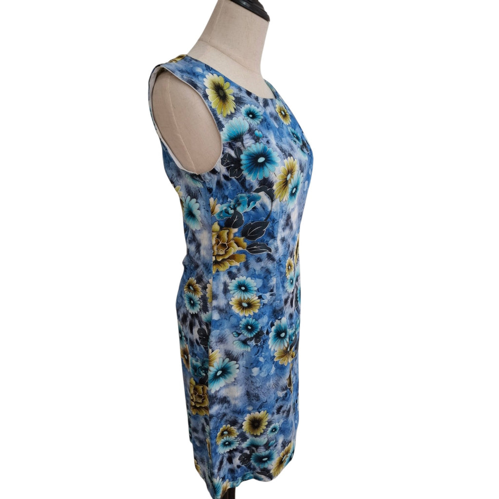 Phyllis Ann Sleeveless Blue and Yellow floral print sheath dress