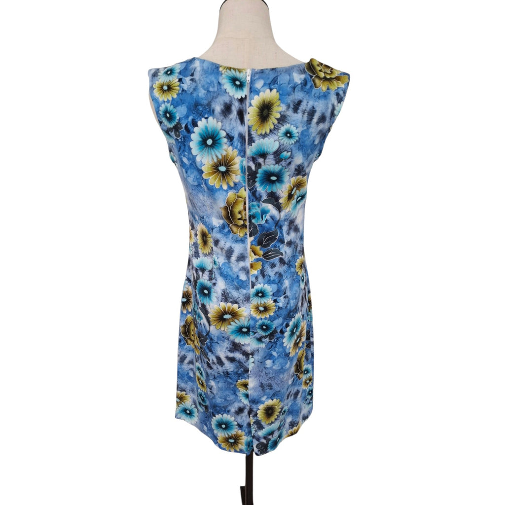Phyllis Ann Sleeveless Blue and Yellow floral print sheath dress