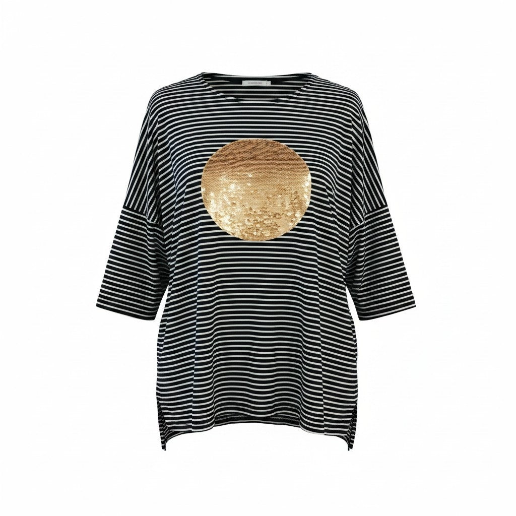 Izabel Gold Sequin Circle and Striped Top