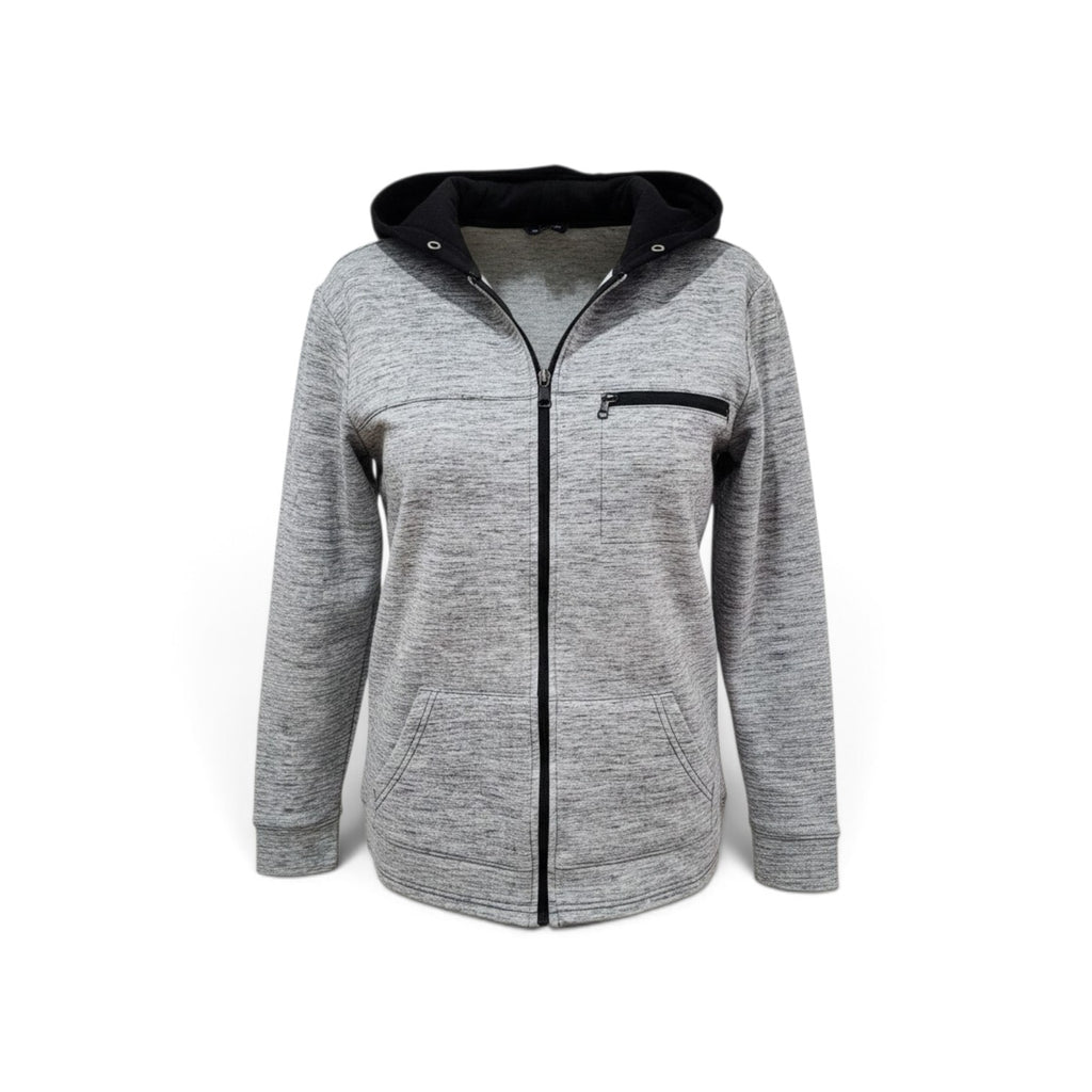 A women's heather gray zip-up hoodie with a black hood lining and a black chest zip pocket, displayed on a white background.