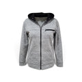 A women's heather gray zip-up hoodie with a black hood lining and a black chest zip pocket, displayed on a white background.