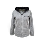 A women's heather gray zip-up hoodie with a black hood lining and a black chest zip pocket, displayed on a white background.
