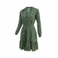 A long-sleeve wrap-style dress with a V-neckline and self-tie waist, featuring an all-over abstract leaf-like pattern in green, black, and light blue on a white base, shown against a plain white background.