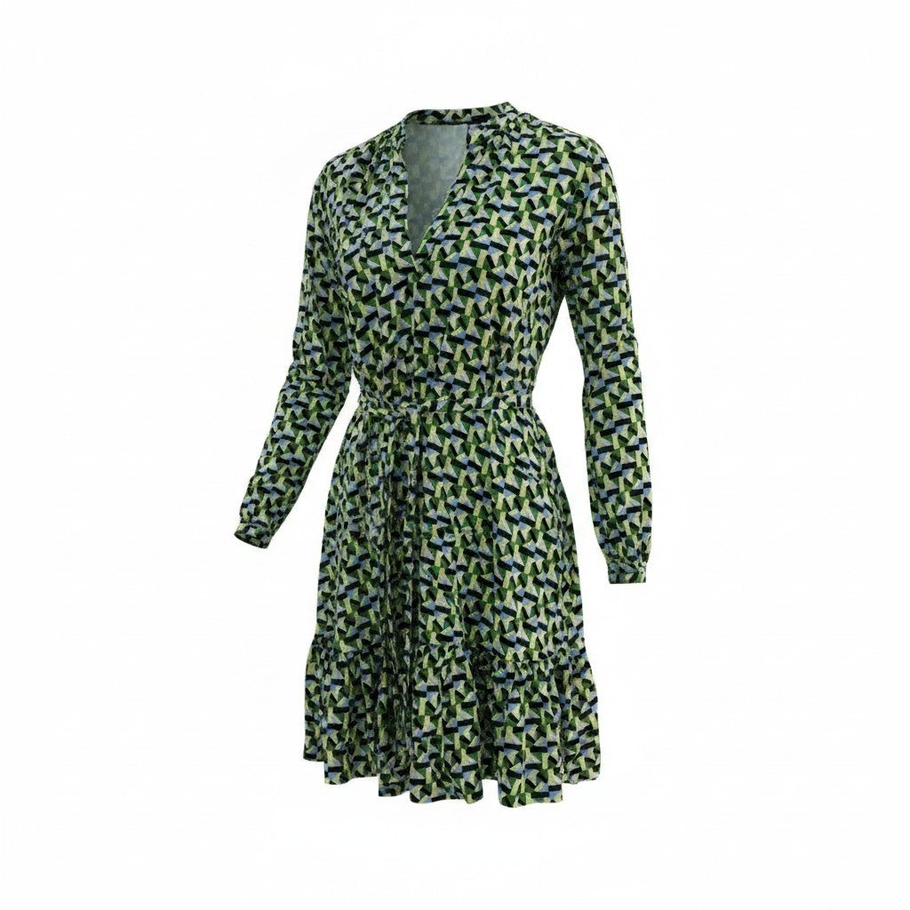 A long-sleeve wrap-style dress with a V-neckline and self-tie waist, featuring an all-over abstract leaf-like pattern in green, black, and light blue on a white base, shown against a plain white background.