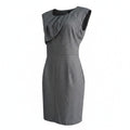 A sleeveless gray dress with a subtle windowpane plaid pattern, featuring a draped ruffle detail across the shoulders and a fitted knee-length silhouette, shown against a plain white background.
