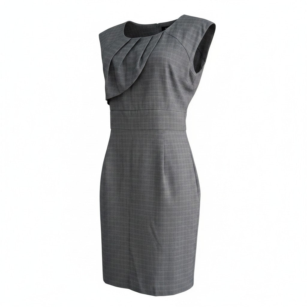 A sleeveless gray dress with a subtle windowpane plaid pattern, featuring a draped ruffle detail across the shoulders and a fitted knee-length silhouette, shown against a plain white background.