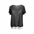 A sheer black mesh short-sleeve top with vertical slub stripes over a white underlayer, displayed against a plain white background.