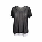 A sheer black mesh short-sleeve top with vertical slub stripes over a white underlayer, displayed against a plain white background.