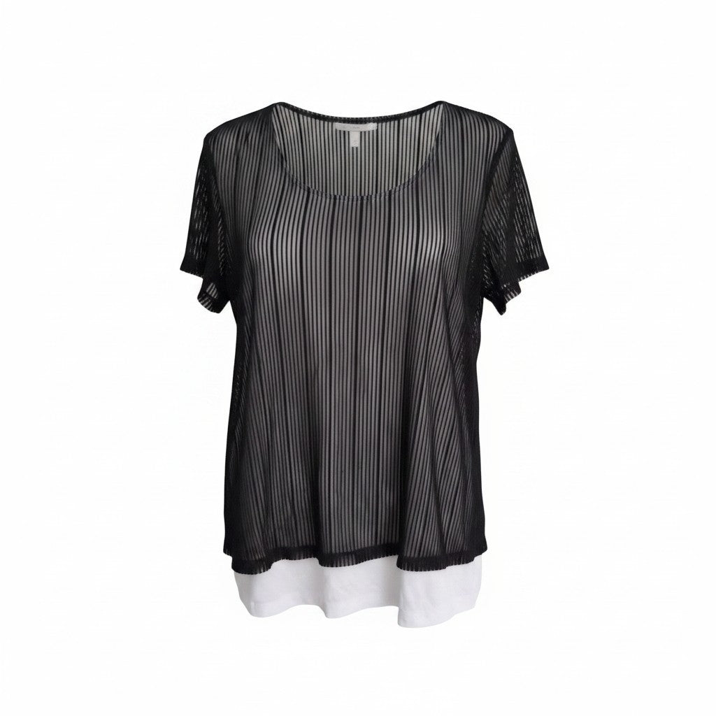 A sheer black mesh short-sleeve top with vertical slub stripes over a white underlayer, displayed against a plain white background.