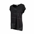 A black short-sleeve top with a distressed, tonal abstract pattern, shown against a plain white background.