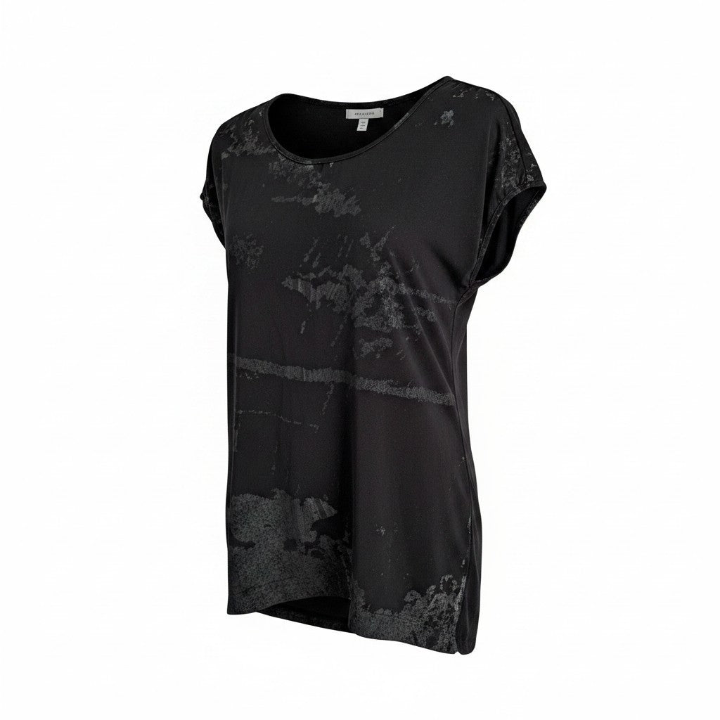 A black short-sleeve top with a distressed, tonal abstract pattern, shown against a plain white background.