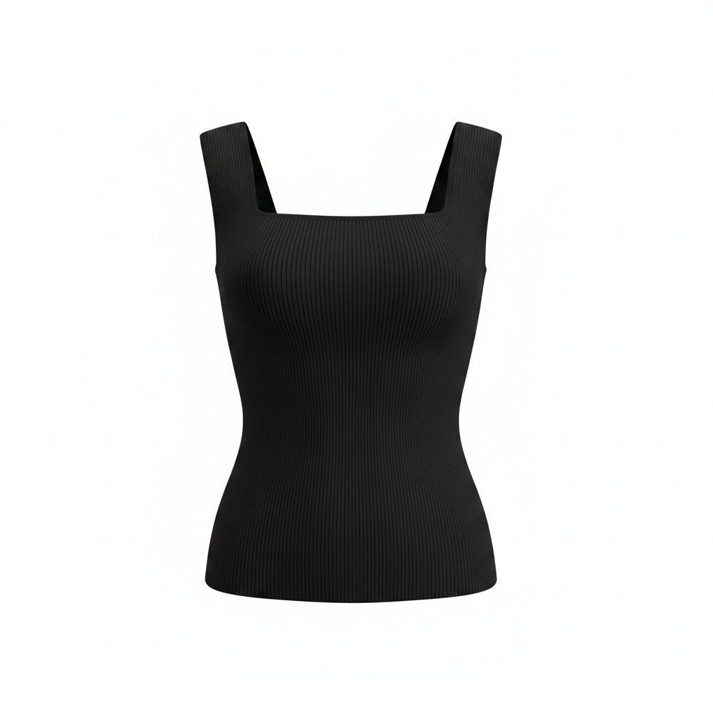 A black ribbed knit tank top with a square neckline and wide shoulder straps, shown against a plain white background.