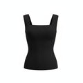 A black ribbed knit tank top with a square neckline and wide shoulder straps, shown against a plain white background.