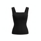 A black ribbed knit tank top with a square neckline and wide shoulder straps, shown against a plain white background.