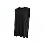 A black sleeveless top with a crew neck and a small chest pocket, displayed on a white background.