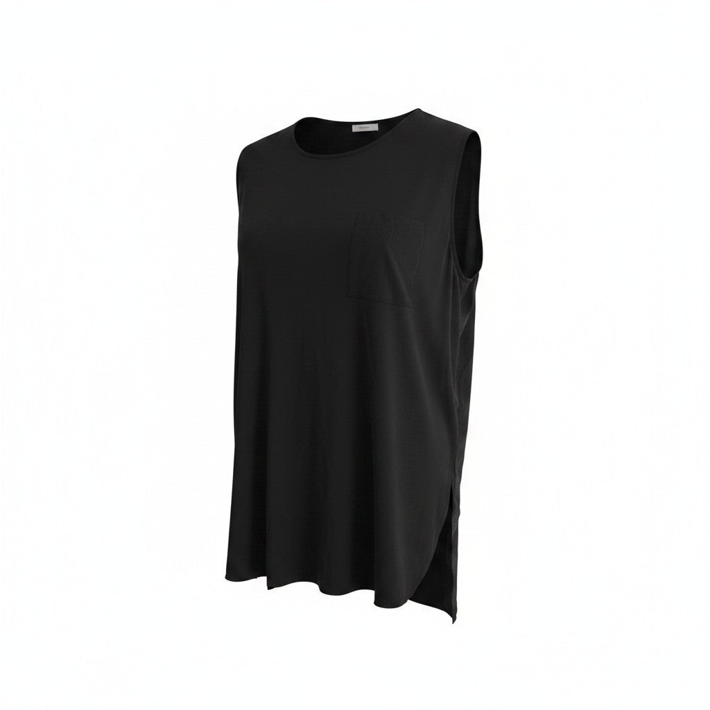 A black sleeveless top with a crew neck and a small chest pocket, displayed on a white background.