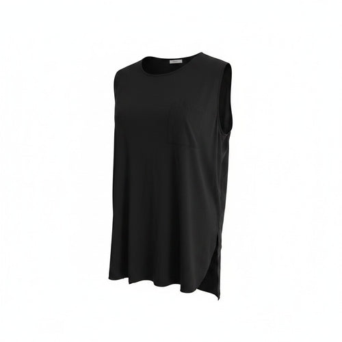 A black sleeveless top with a crew neck and a small chest pocket, displayed on a white background.