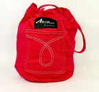 A bright red canvas bucket bag with white contrast stitching, featuring a front pocket designed to look like a denim pocket and a black brand label that reads 'Aberdeen'.