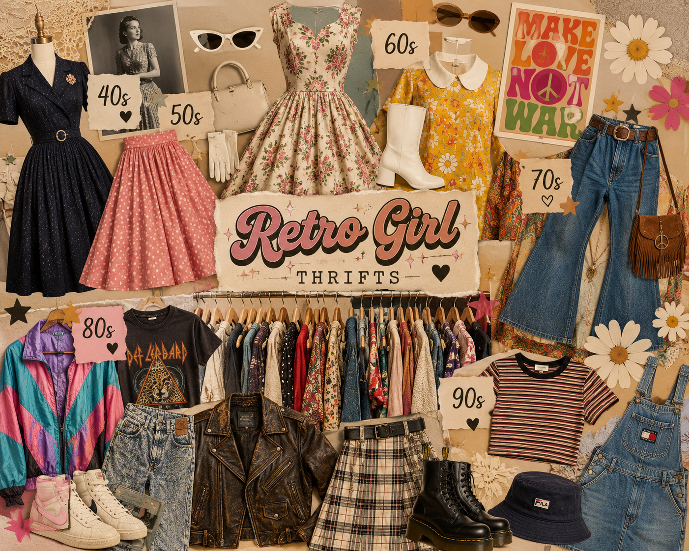 A retro-themed clothing display collage for 'Retro Girl Thrifts' featuring various vintage-style outfits including a navy dress, pink polka dot skirt, floral dress, yellow floral top, jeans, boots, plaid skirt, and striped shirt, with price tags and a central sign.