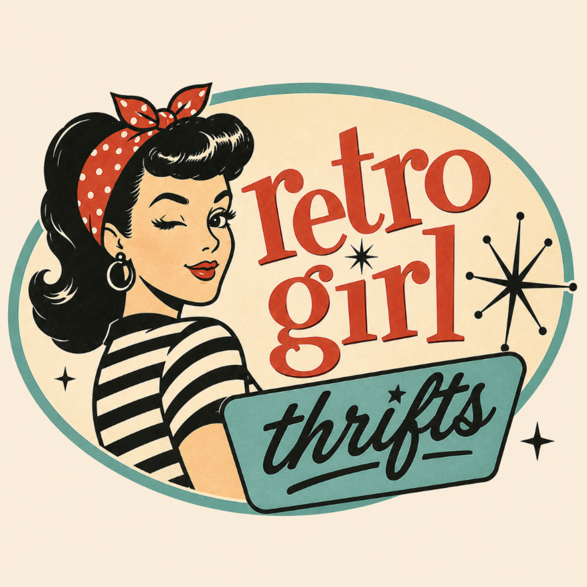 Retro-style illustrated graphic with a woman in a black-and-white striped top and red polka-dot headband beside the words 'retro girl thrifts' on a cream background.
